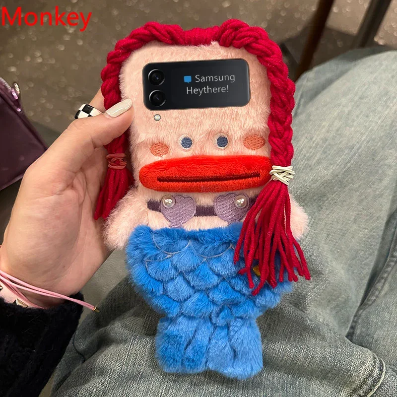 3D Cute Plush Mermaid Girls Gift Phone Case For Samsung Galaxy Z Flip 3 4 5 6 Case 1 2 Flip5 flip3 Winter Fluffy Hair Hard Cover