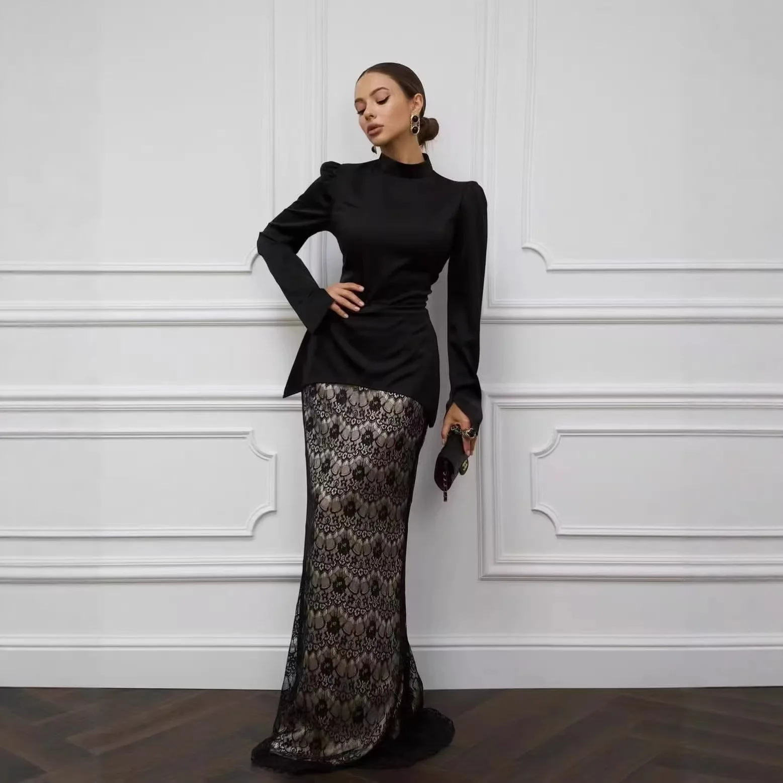 

Women's 2026 Summer Elegant Two Piece Set - Stand Collar Crisscross Back Tie Top & High Waist Lace Fishtail Maxi Skirt