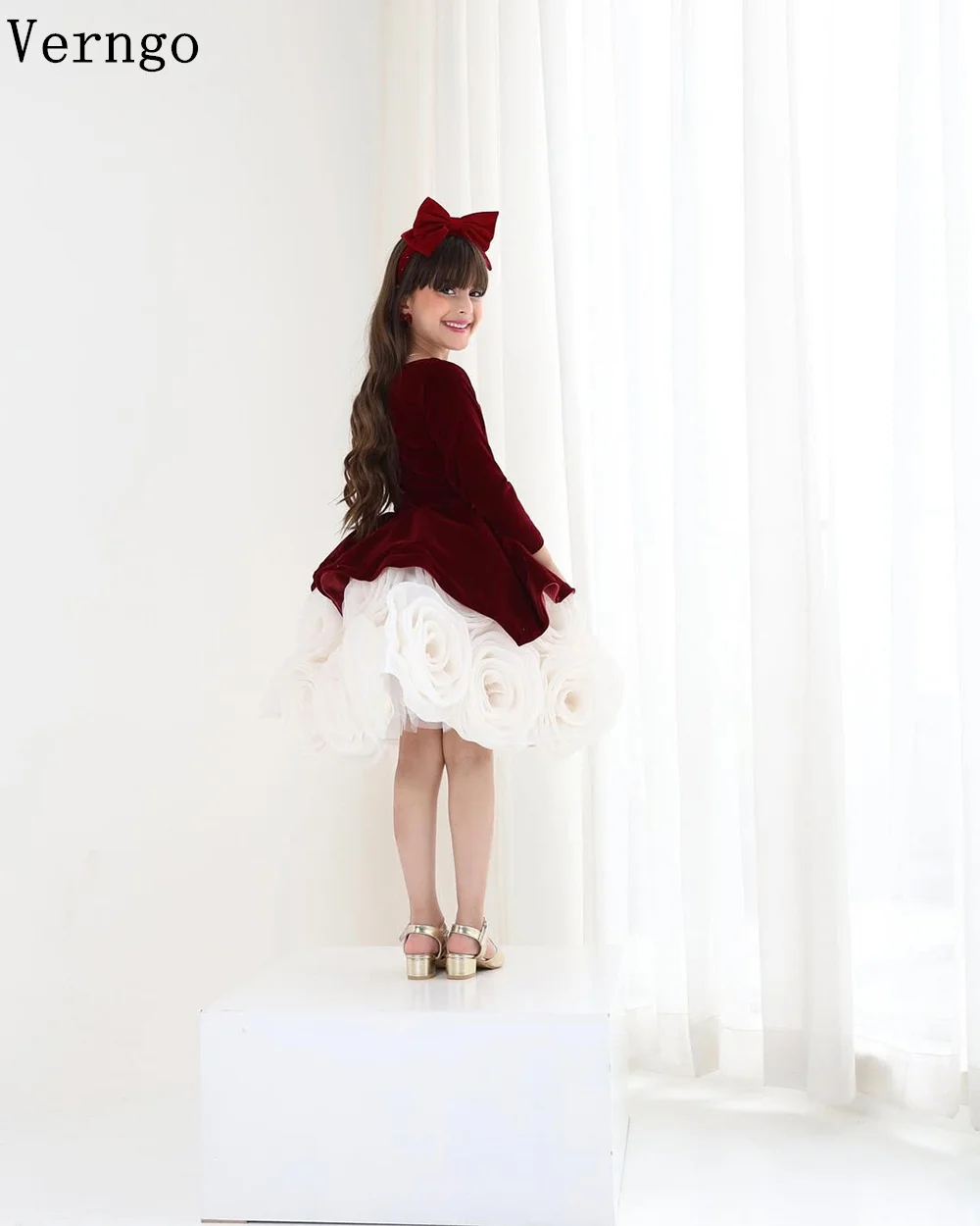 Verngo Burgundy Princess Girl Flowers Dress A Line Full Sleeves  Birthday Party Dress 3D Flower First Communion Dress Customized