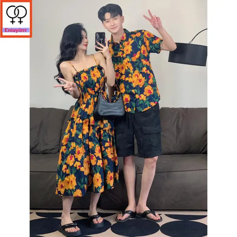 Matching Couple Hoodies Dress Lovers Clothes 2024 Summer Honeymoon Date Holiday Sexy Floral Print Sleeveless Dresses