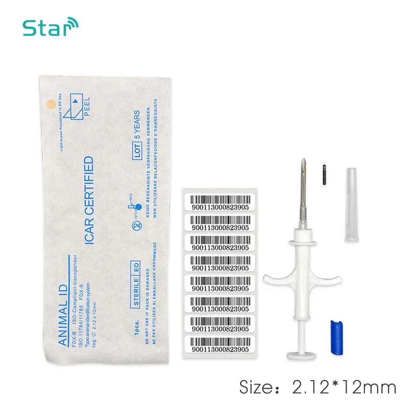 Iso11784 FDX-B 2.12x12mm microchip cão gato animal seringa id implante pet chip injetor de agulha rfid veterinário pit tag para o cão gato peixe