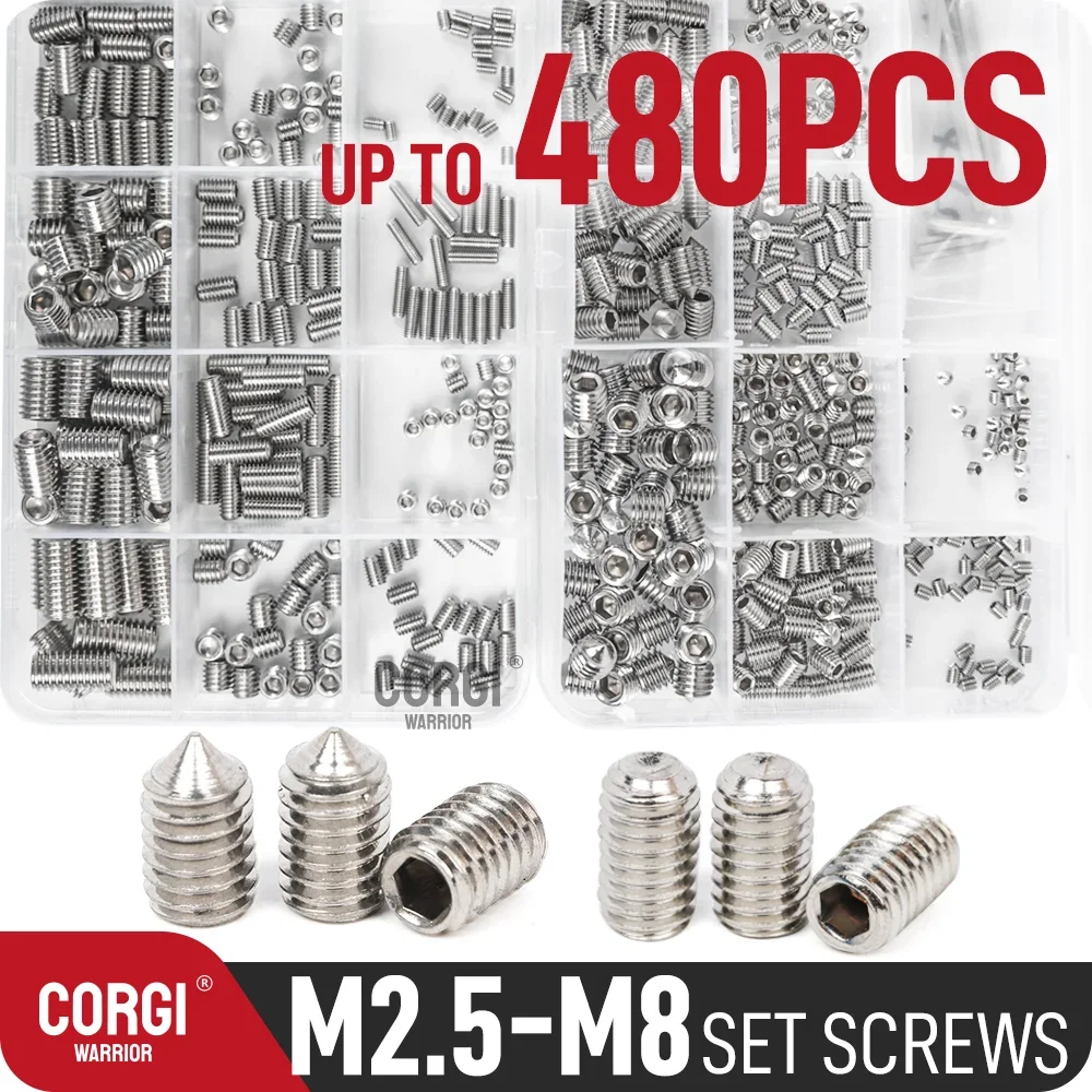 Metric Set Screw Assortment Kit 60-480 M2.5 M3 M4 M5 M6 M8 304 Stainless Steel Socket Hex Drive Cone Cup Point Grub Set Screws