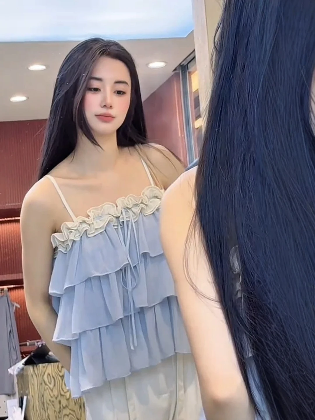 Sweet Cool Bell Sleeve Crop Top Women's Summer New Blue Multi-layer Sleeveless Beautiful Little Shirt Sexy Style Floral 