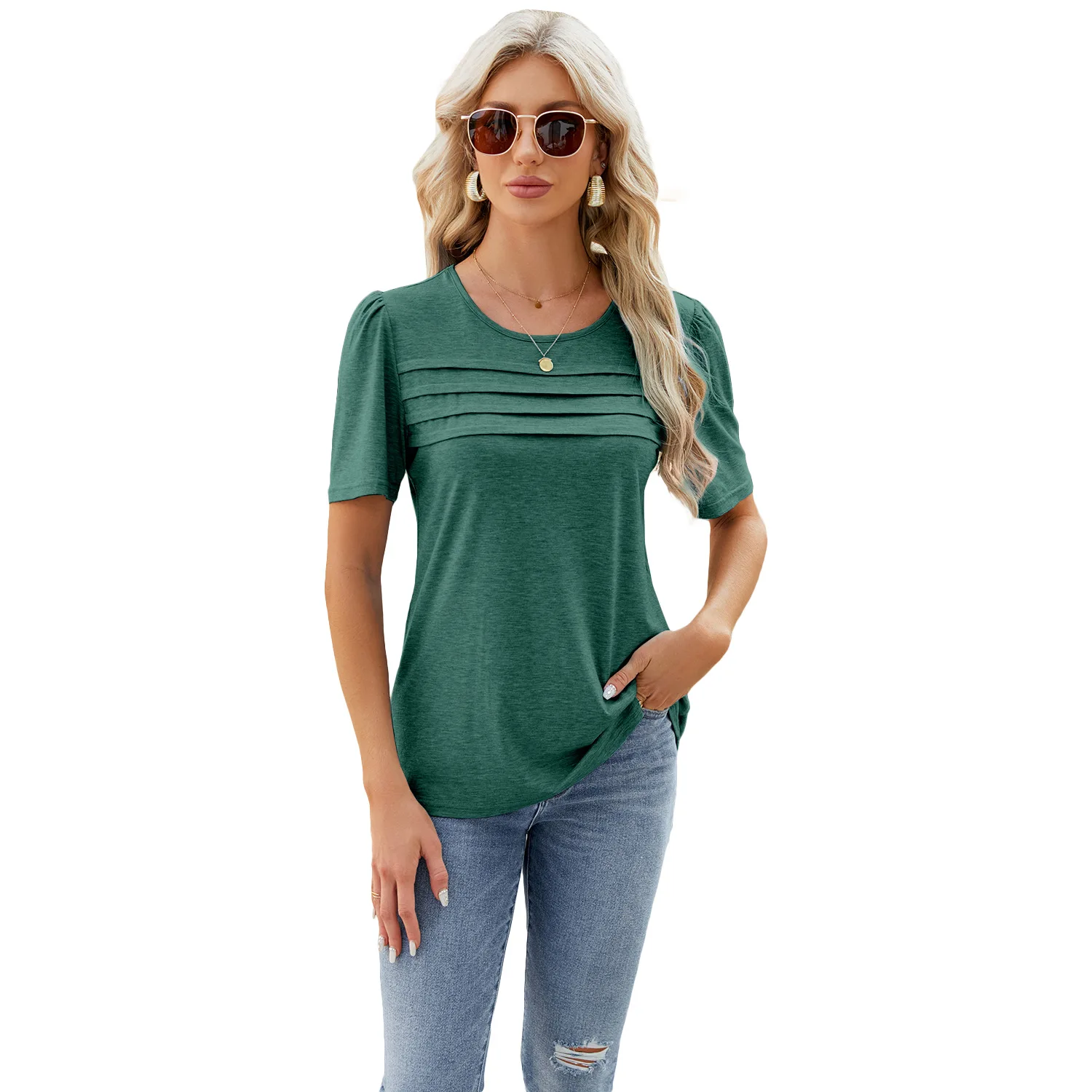 2024 Spring/summer New Solid Color U-neck Pleated Top T-shirt Woman