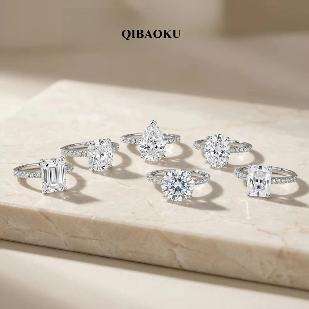 QIBAOKU Moissanite Rings Oval Emerald Round Princess Marquise Paved Halo Band S925 Silver Wedding Jewelry For Women 2026