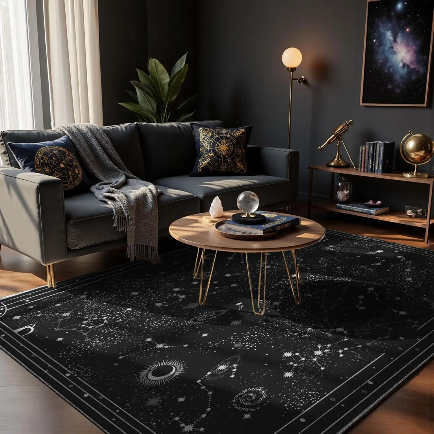 Celestial Starry Night Sky Area Rug - Black Gothic Constellation Carpet with Moon Phases Nebulas,Soft Machine Washable Non-Slip