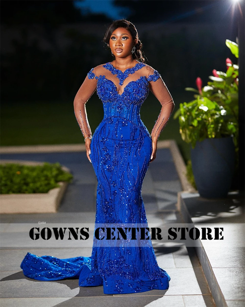 Royal Blue Long Mesh Sleeves Aso Ebi Evening Dresses Beaded Rhinestones Elegant Party Dress Mermaid African Woman Customized