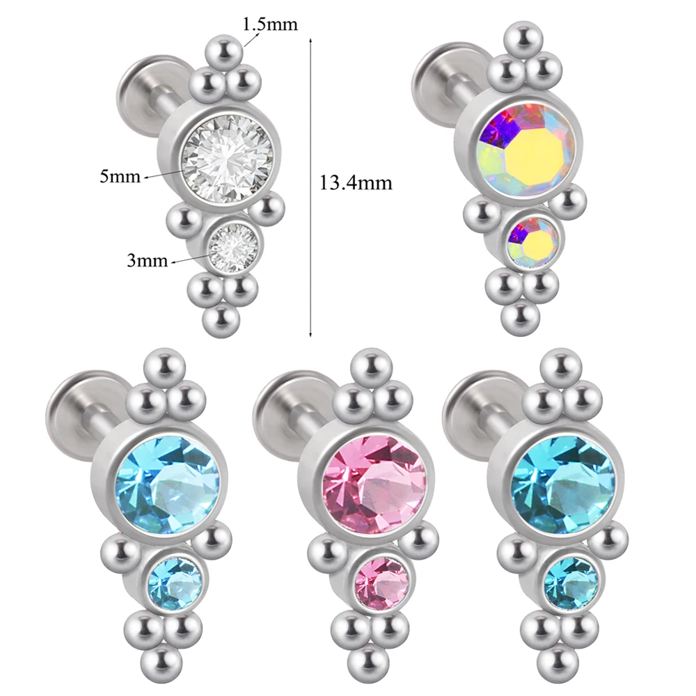 25PCS/Lot Surgical Steel Lip Bar Labret Clear Crystal Earring Helix Tragus Cartilage Flat Base Ear Studs Piercing Wholesale