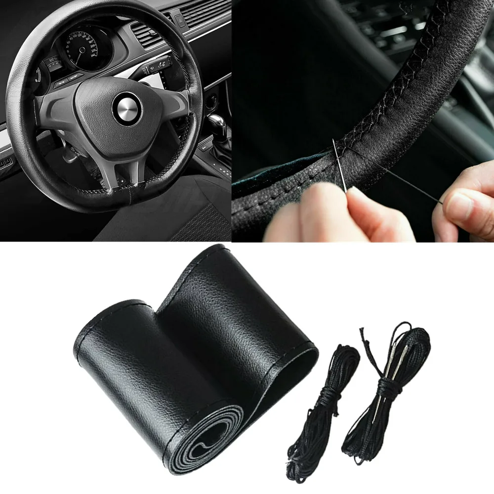 Microfiber Leather Steering Wheel Cover Universal 15 inch Anti-Slip Stitching Car Steering Wheel Cover Sports Style Black