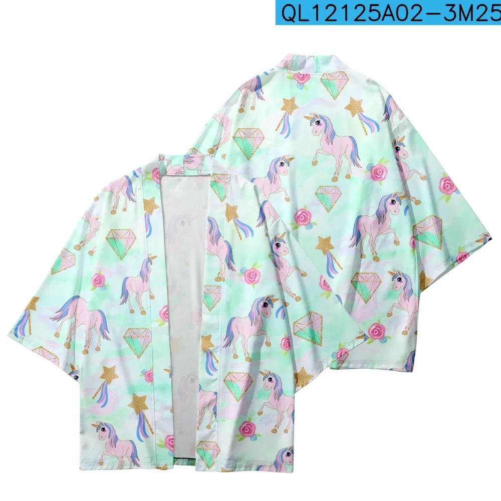 

Unicorn Floral Printed Loose Japanese White Kimono Streetwear Cardigan Robe Summer Women Men Haori Top Yukata