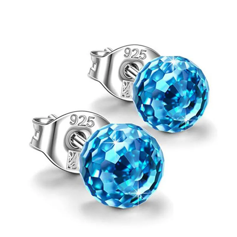 Colourful Sparkling Full Rhinestone Stud Earrings Hypoallergenic Lightweight 6mm 8mm Platinum 8mm Blue Topaz Stud Earrings