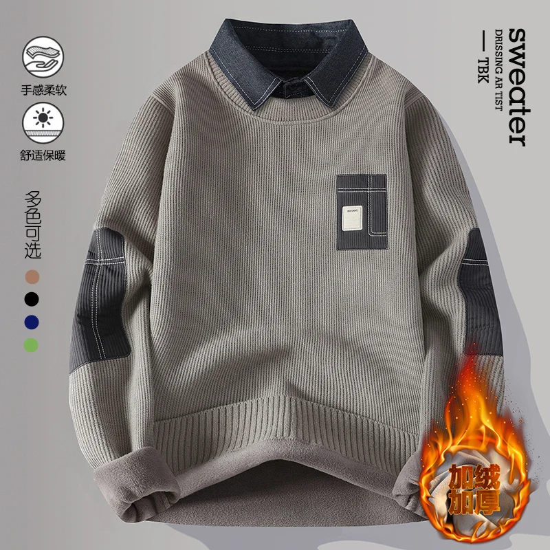 

Мужской свитер на флисовой подкладке, осенне-зимний пуловер, рубашка-поло с воротником, искусственная толстая теплая верхняя одежда из двух предметов, повседневный трикотаж