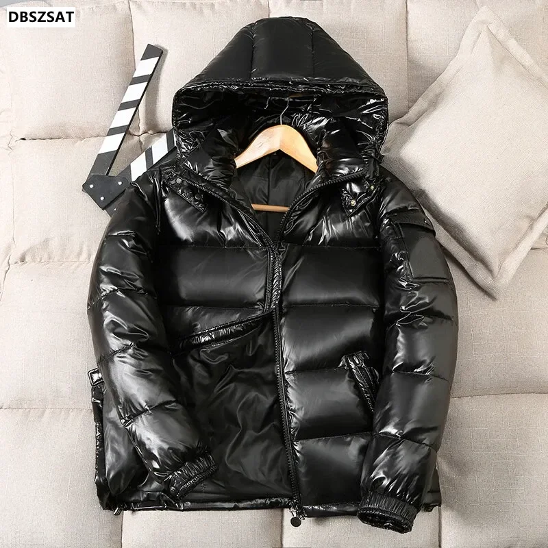 2025 neue Winter helle Daunen jacke Männer Mode Freizeit mantel glänzende Kapuze Jugend Frauen dicke warme glänzende Ente Reiß verschluss männlich weiß