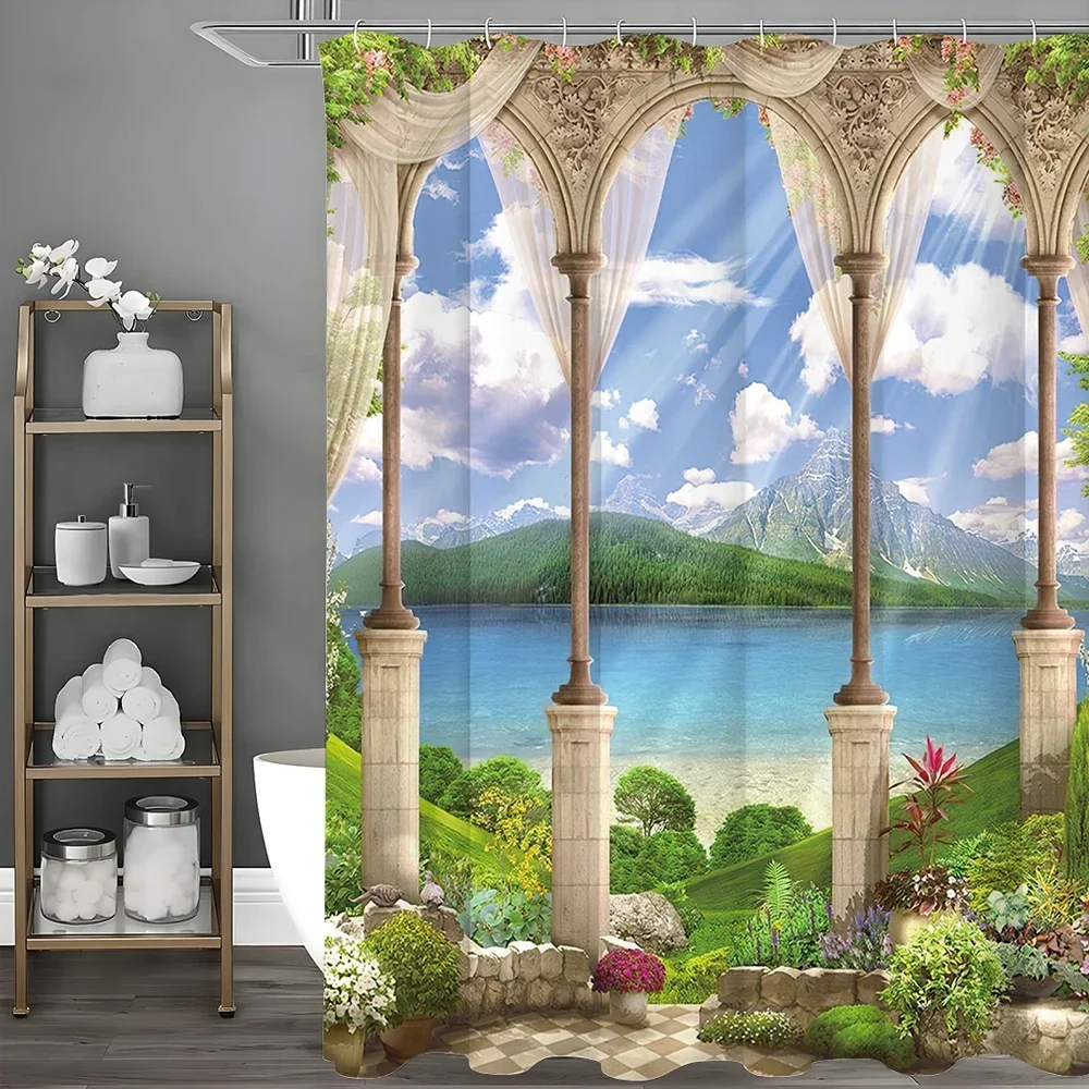 Modern Blue Sky Green Trees and Mountains Gradient Lake Shower Curtain, Bathroom Decorative Shower Curtain, Waterproof Shower Cu