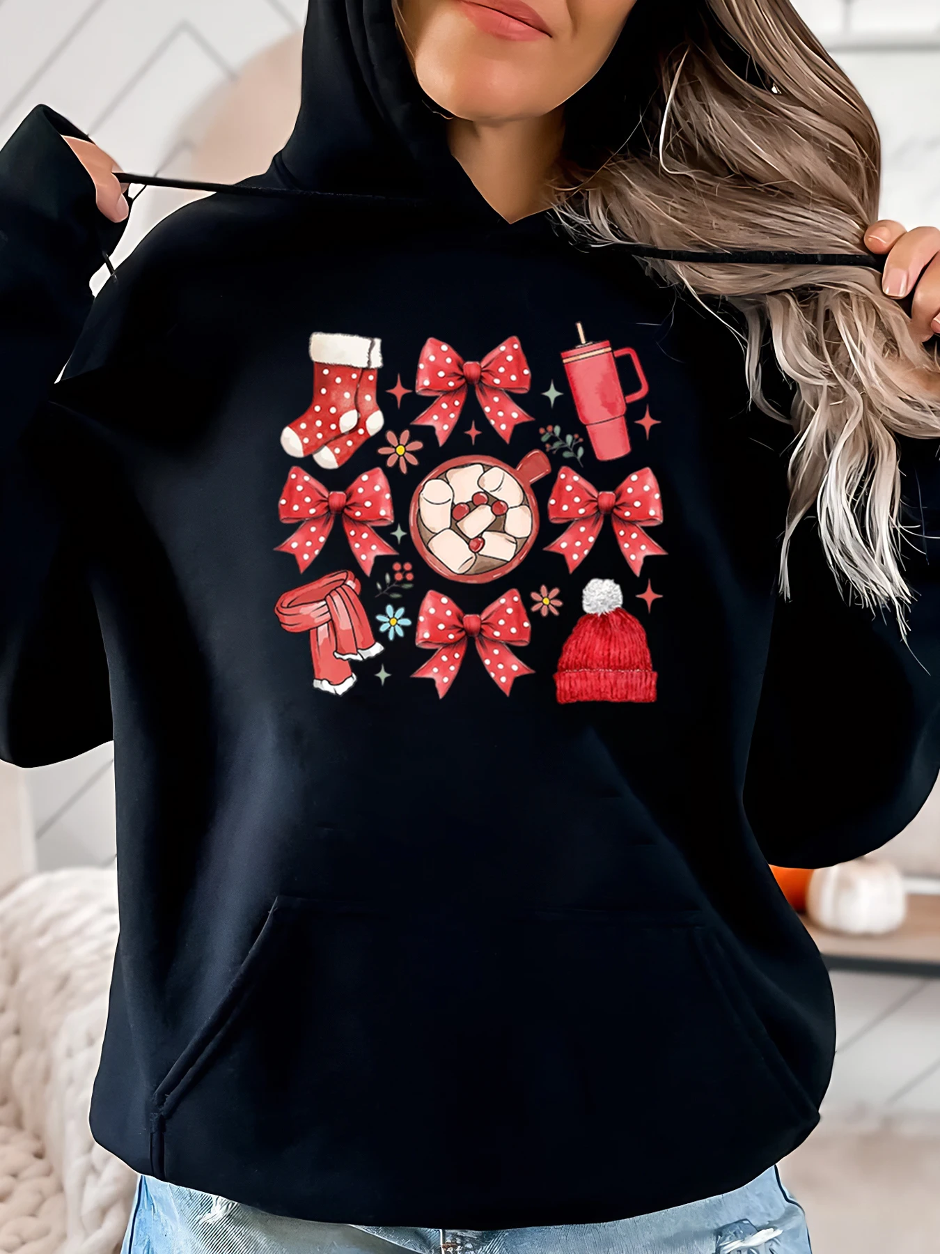 

Рождественский носок с печеньем, кружка, шляпа, толстовка с бантом и принтом, женская праздничная повседневная одежда, черный, большие размеры