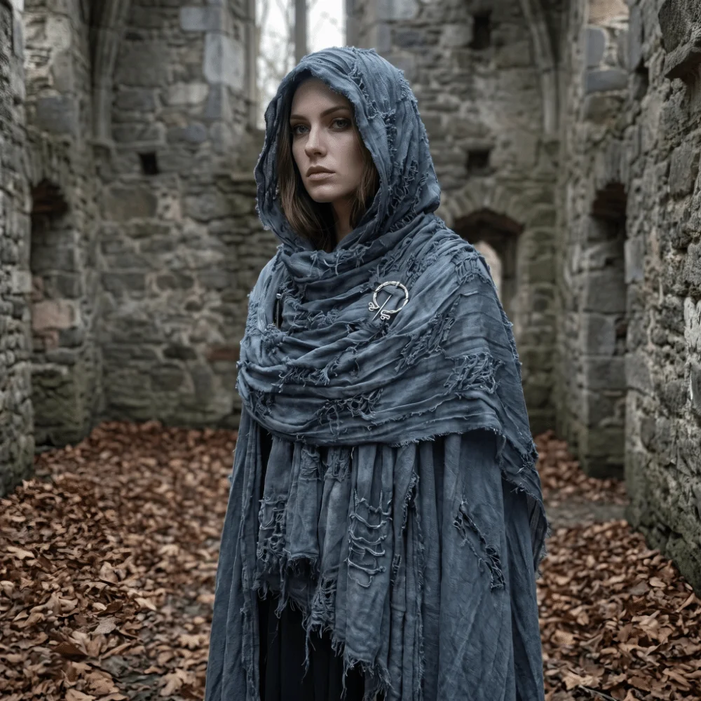 Gothic Distressed Hooded Scarf Metal Brooch Long Halloween Viking Cosplay Wrap Adjustable Polyester Medieval Shawl