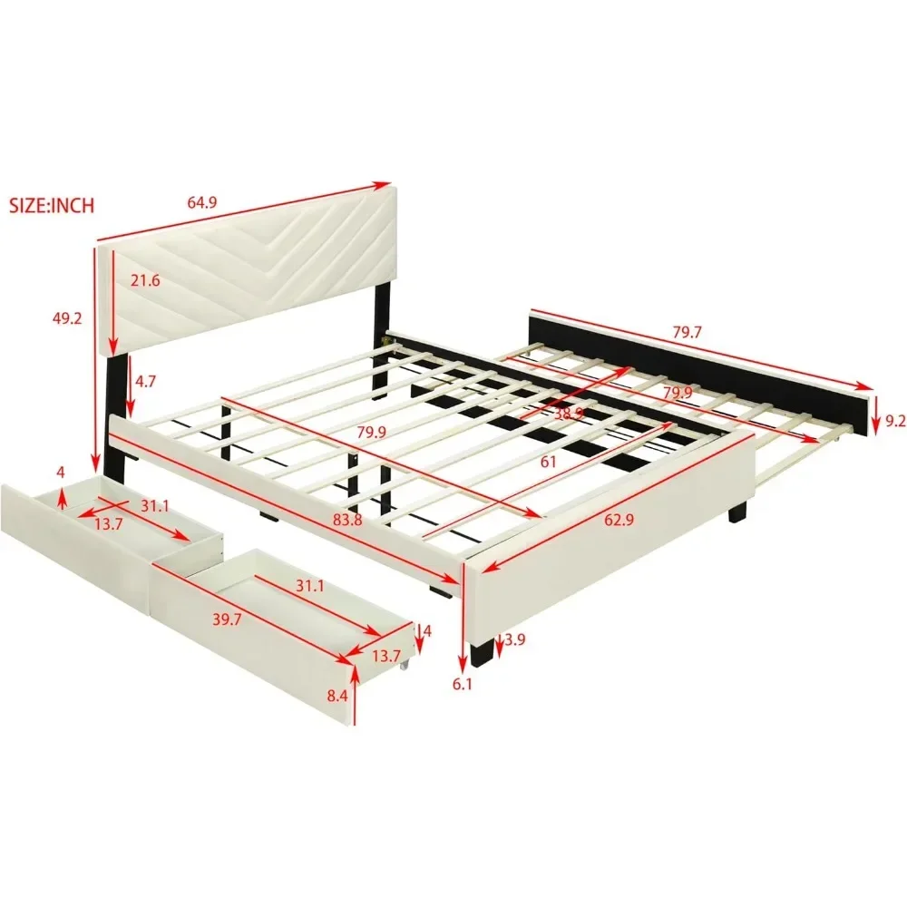 Upholstered Platform Bed Two, Flannel, Queen Size+Twill Headboard+Pullout Drawers, Beige