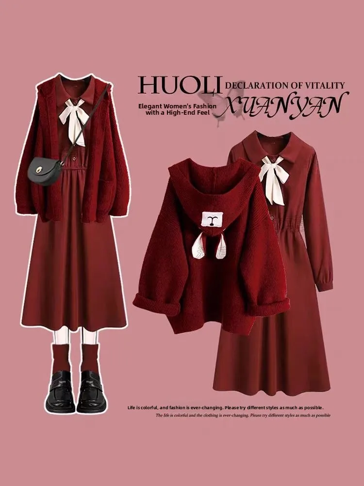 

Stylish Red Sweater Cardigan Dress Two-Piece Set Unique Beautiful Winter Fashionable Casual V-Neck Long Sleeve Polyester Fiber