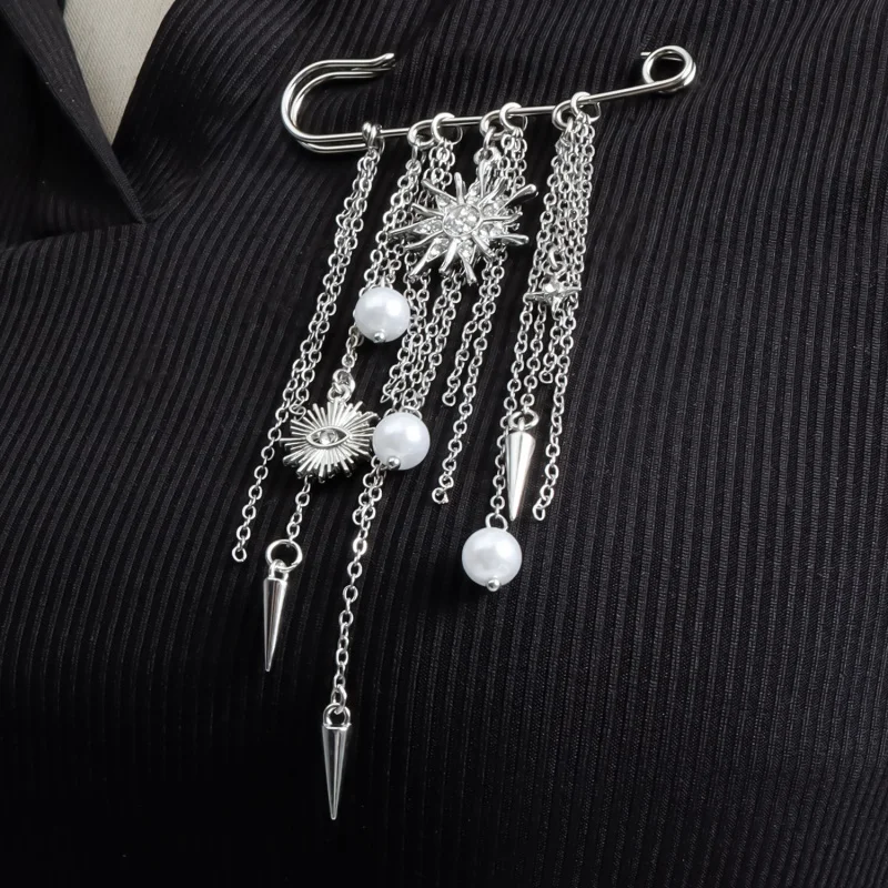 Punk Clothing Accessories Metal Rivet Chain Fringe Brooch Pin Multi Functional Pin for Jacket Denim Alter Pants Hem Shortener De