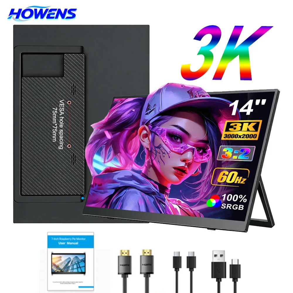 

Портативные несенсорные мониторы HOWENS 3K, 14 дюймов, 3:2, IPS, 400 кд/м2, расширенный игровой дисплей для компьютера, Xbox, PS4/5, Switch, телефона, ноутбука