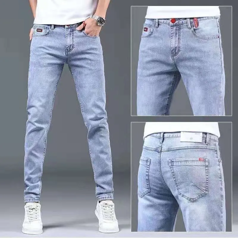 2023 Spring and Autumn New Fashion Solid Color Holes Small Feet Pants Men Casual Slim Comfortable Elastic High-Quality Jeans 36