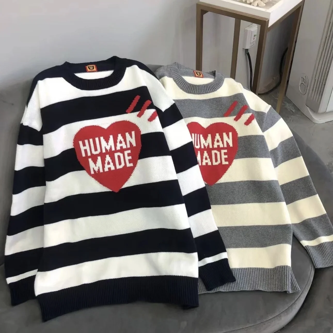 human made Striped Sweetheart Knit Sweater, 100% Cotton Unisex Pullover for Couples, Cozy Winter Wear