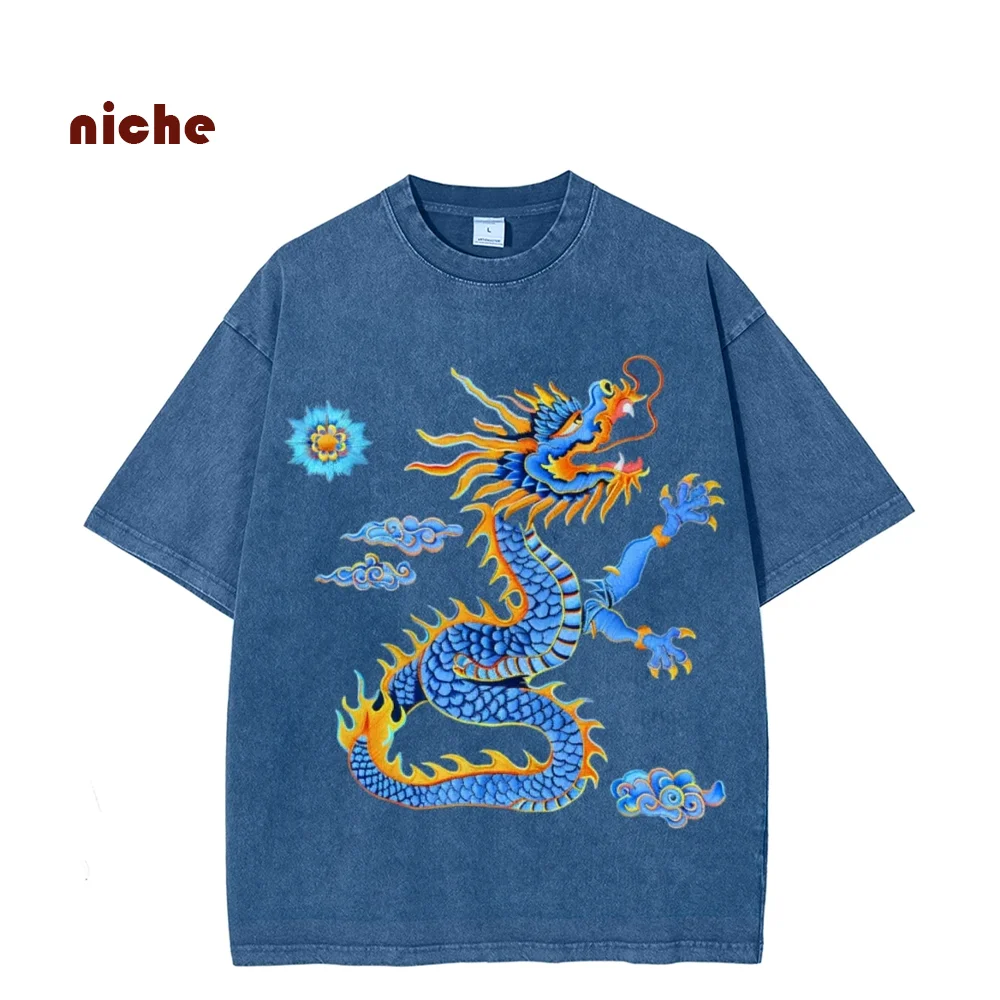 Chinese Style Rich Dragon Print Oversize Top T-Shirt High Quality Cheap Discount Promotion Round Neck Washed Short Sleeves