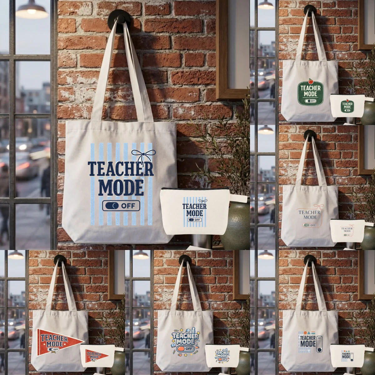 

1 Pack Teacher Life Canvas Bag Set, Funny "Teacher Mode Off" Graphic Tote Bag & Makeup Pouch, 2-Piece Kit