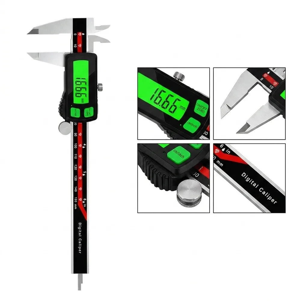 Stainless Steel Digital Caliper Rechargeable Large Green Backlit Screen High Accuracy 0.01mm Resolution For Metal Wood Working M