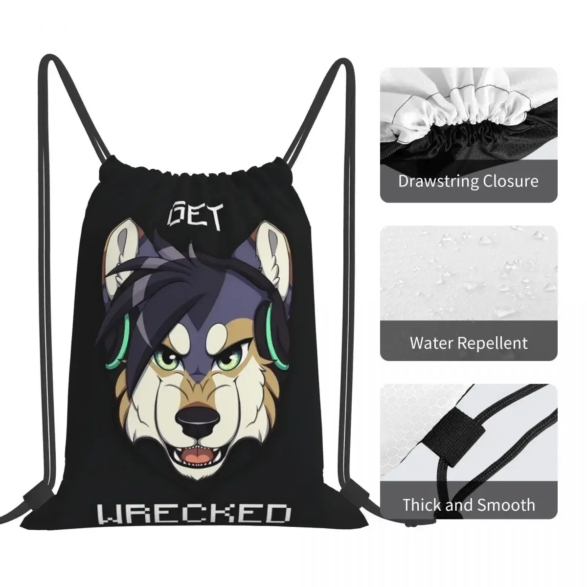 GET WRECKED - Wolf กระเป๋าเป้สะพายหลังกระเป๋าสตางค์แบบพกพา Drawstring Bundle กระเป๋ากีฬากระเป๋า BookBag สําหรับชายหญิงนักเรียน