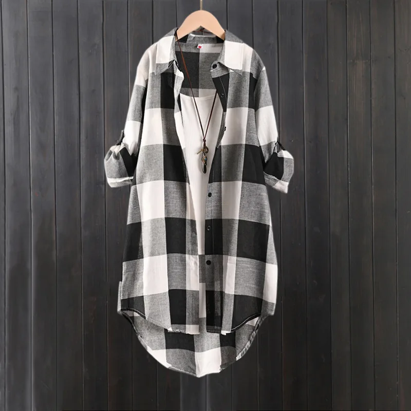 Women's Plaid Shirt Casual Blouses Woman Tops for Women Long Sleeve Long Sleeve Shirts Chic Blouse Check Linen Cotton Clothing image 4