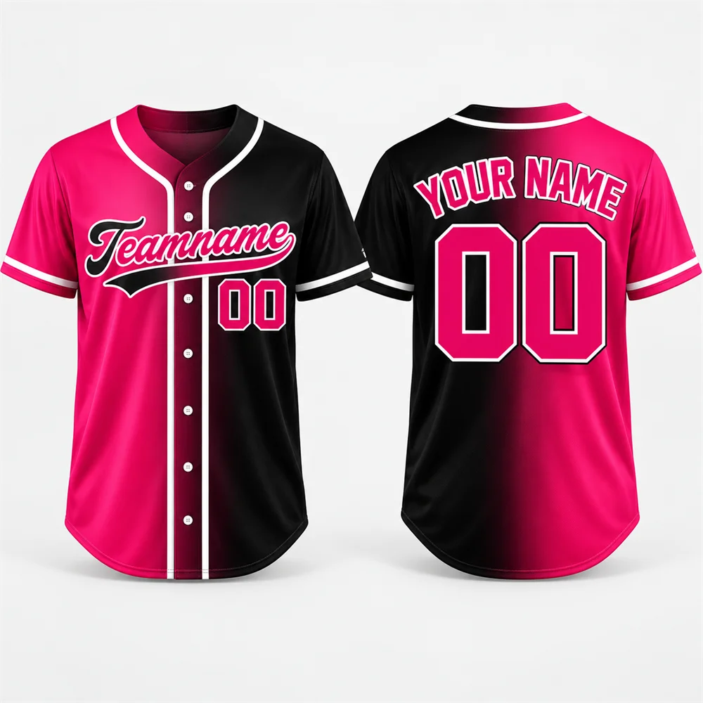 Gradient Color Block Baseball Jersey For Men Simple Sporty Style Custom Team Name Number Short Sleeve Button Up Casual Shirt