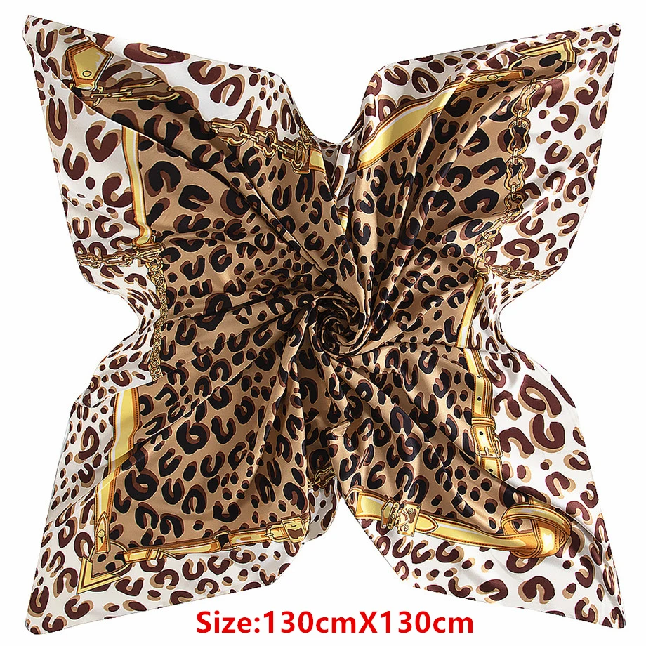 100% Twill Silk Women Scarf Classic Leopard Print Square Scarves Luxury Brand Large Shawls 130*130cm Hijab Scarfs For Ladies