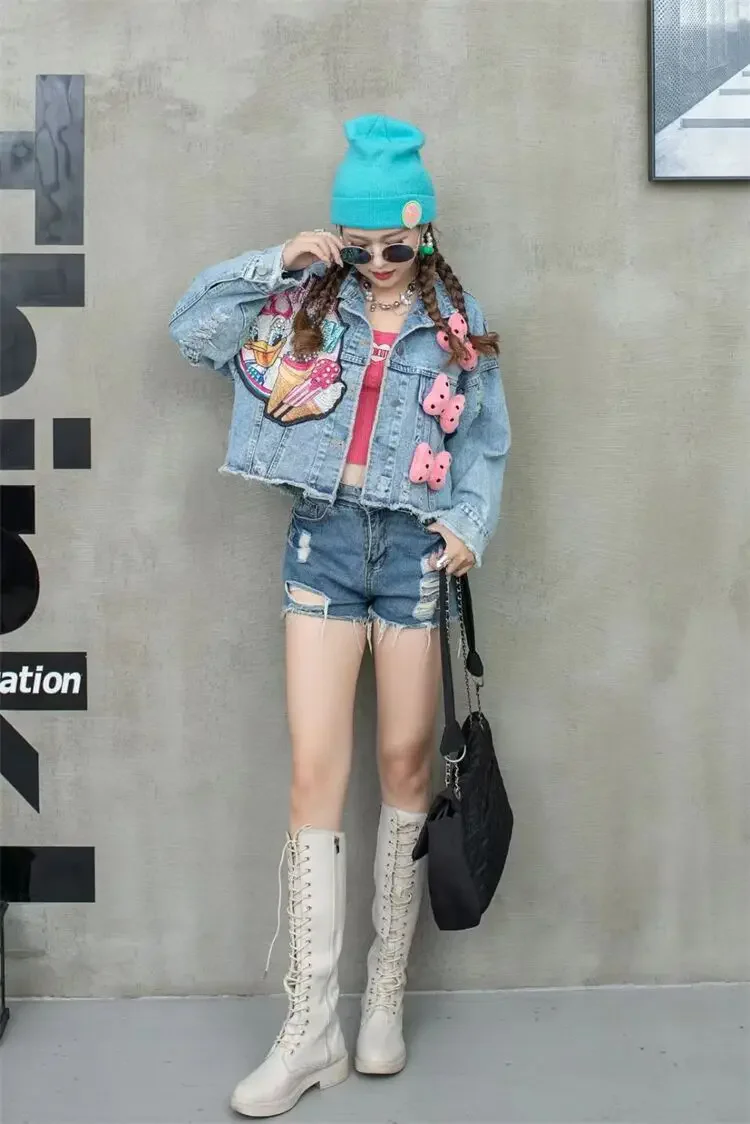 Women Jacket European American Style Heavy Industry Nail Bead Denim Coat 2024 New Sweet Short Top