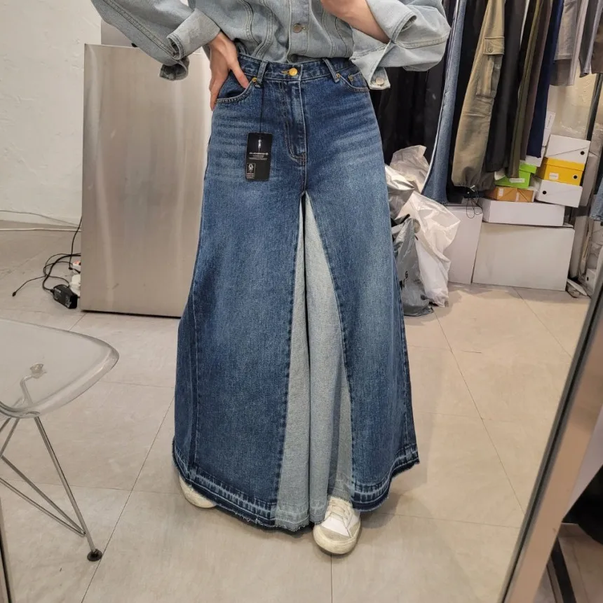 

SML 2021, осенние женские цветные лоскутные синие винтажные широкие джинсы с высокой талией, уличные брюки, джинсовые брюки, женские (XHN705