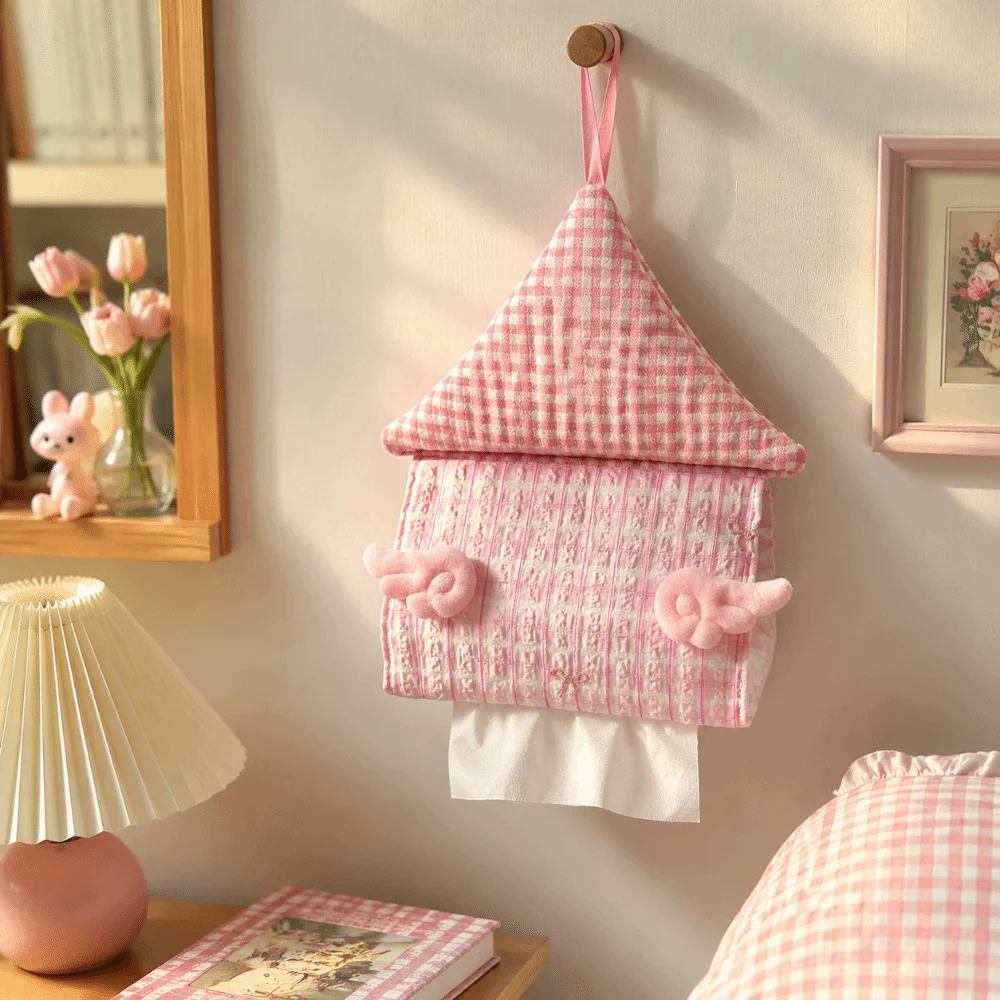

Creative House Shaped Hanging Tissue Holder Stripe Grid Wings Tissue Box Cover Soft Storage Organizer Napkin Holder Bedroom