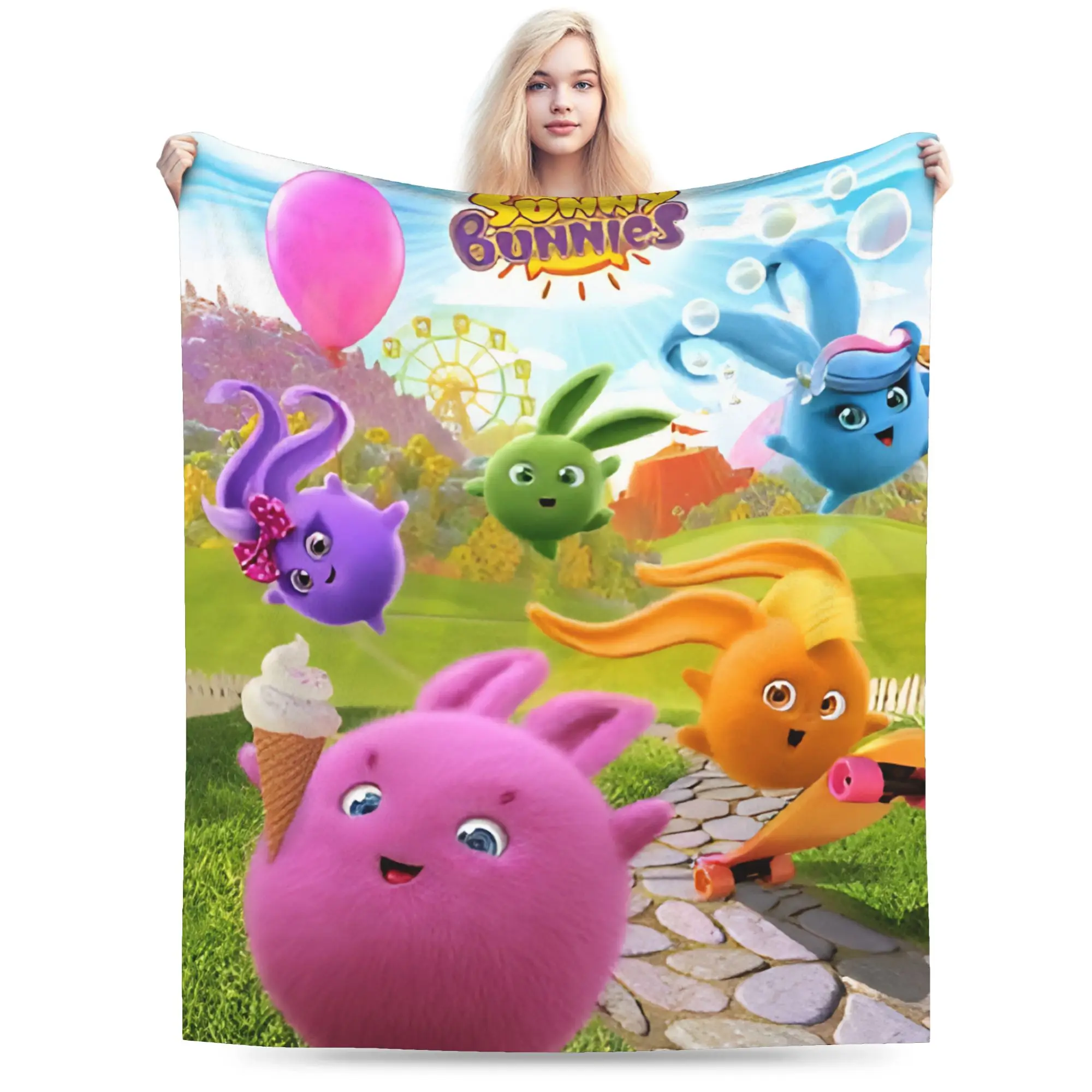 

Одеяло с забавными солнечными кроликами и пятью разноцветными шариками, ультрамягкое коралловое флисовое плюшевое уютное одеяло, можно стирать в машине