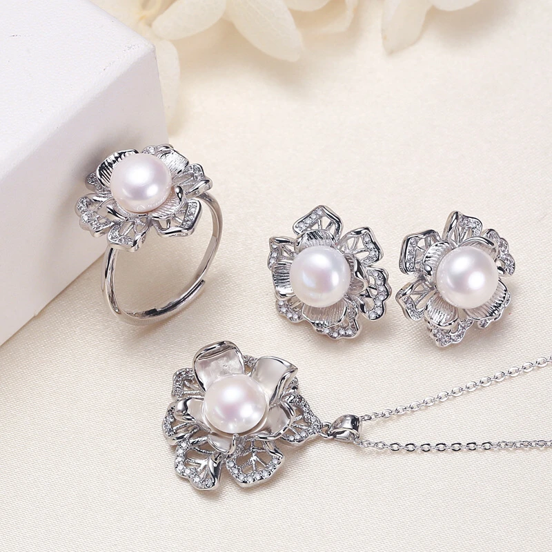 

New Arrival Gorgeous 8-9mm Big Size Real Freshwater Pearl Necklace Pendant with Chain Earrings Ring Set Jewelry Set, 10 Sets/lot