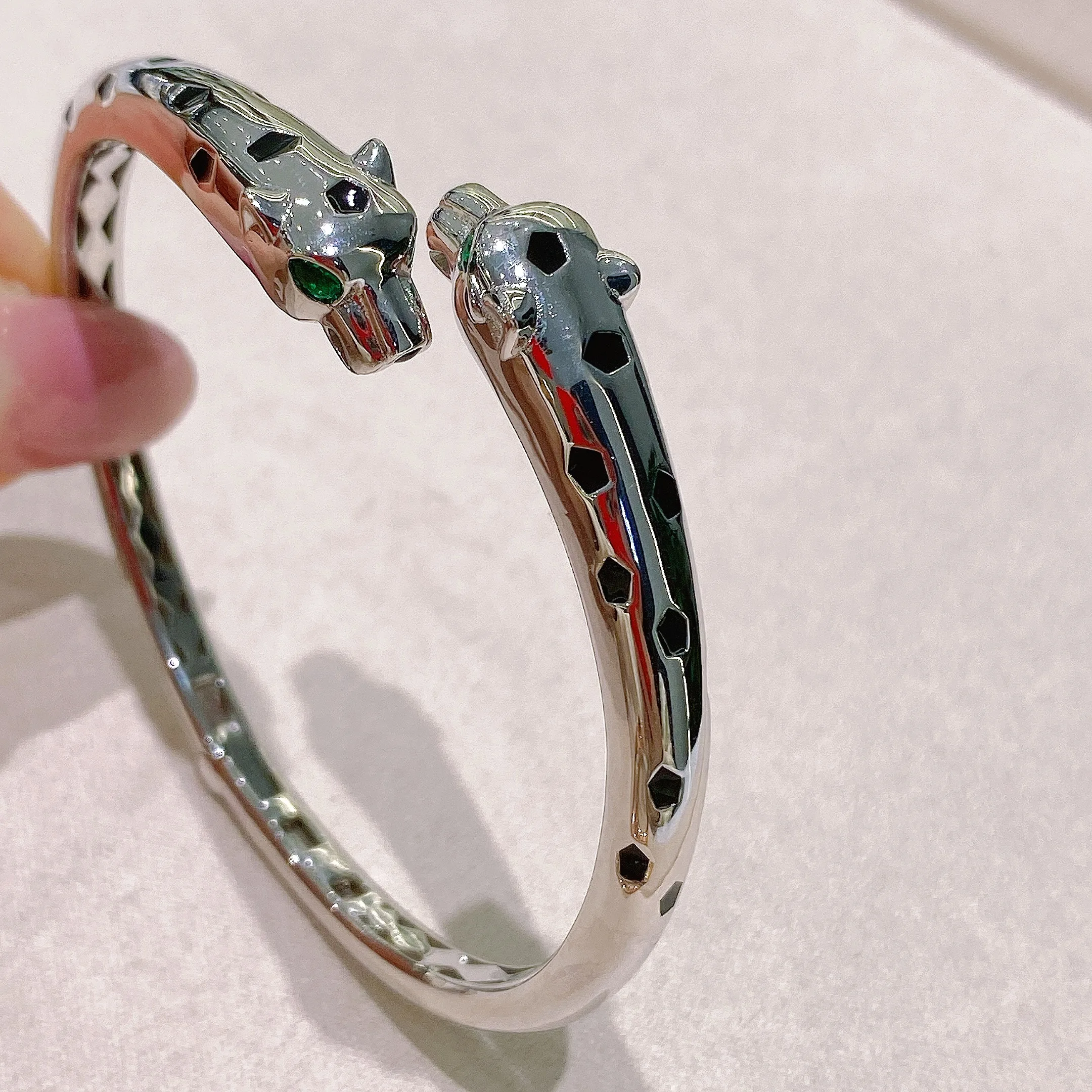 Luxury Solid 925 Silver With Black Panther Enamel Print Double Leopard Cuff Bangles Bracelets Panther Jewelry for Women Party