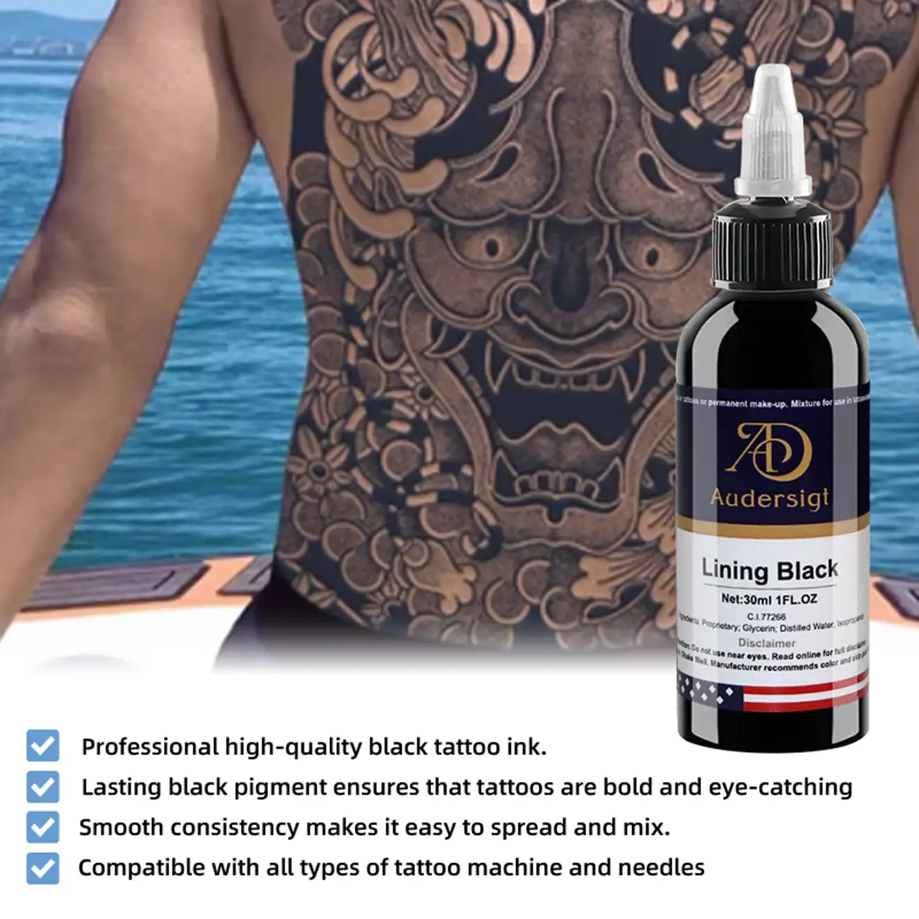 Audersigt Lining Black Tattoo Ink 30ml Professional Tattoo Pigment Smooth Flow Dark Black Ink for Lining and Detailing