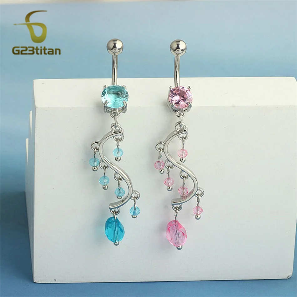 طويل شرابة البطن الدائري الزركون معلقة الطبية G23 التيتانيوم بار المضادة للحساسية 14 جرام السرة ثقب بنين بنات بوهيميا مجوهرات للجسم #2