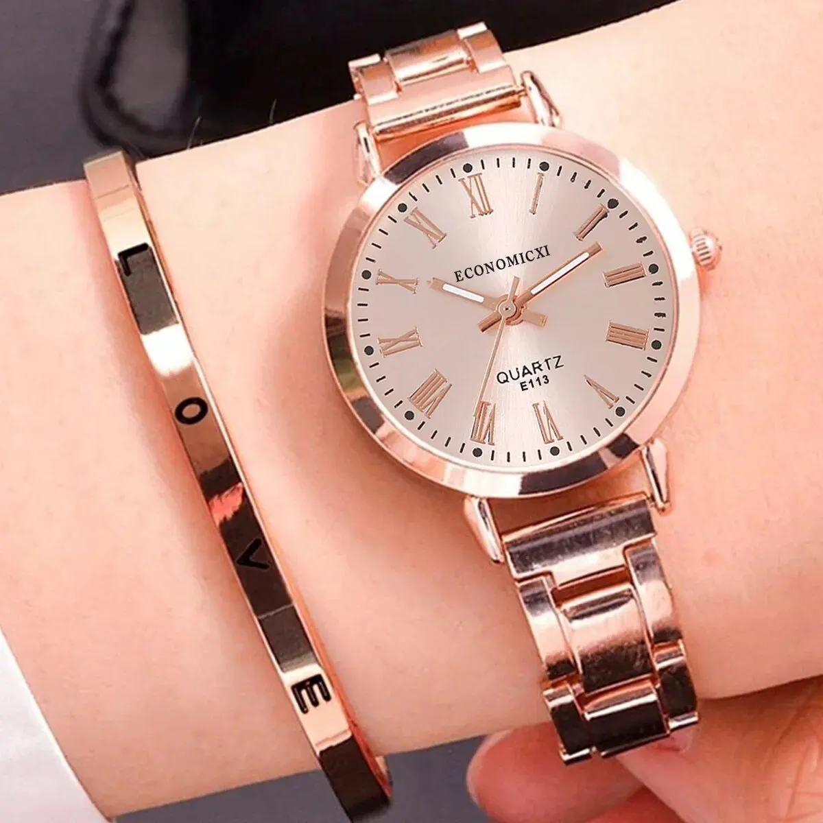 2Pcs Fashion Simple Casual Number Rose Gold Pointer Steel Band Quartz Watch Love Atmospheric Trend Bracelet Gift Set