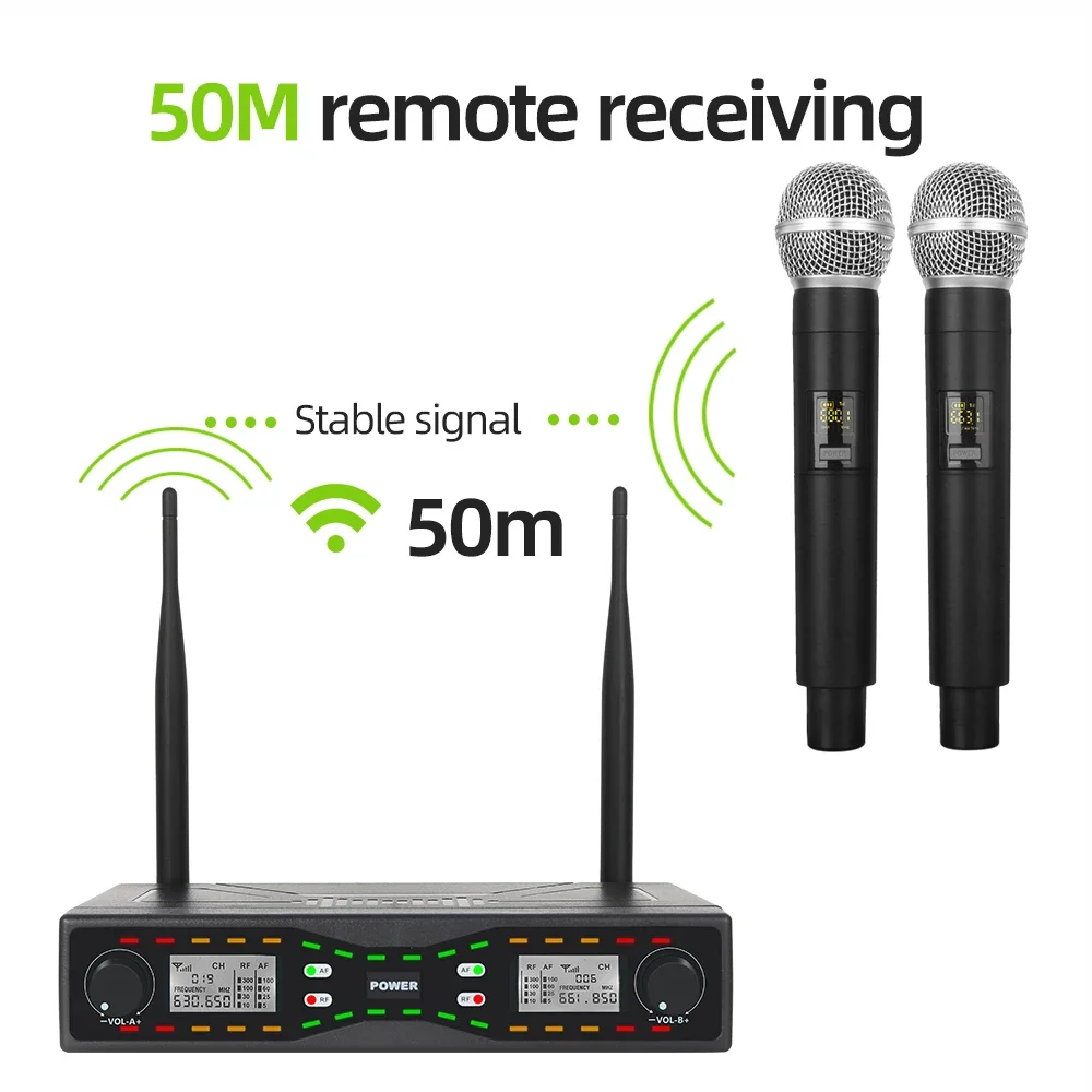 RAYHAYES RUXD8 Wireless Microphone 2 Dual Channel Professional UHF Cardioid Dynamic Handheld Microphone Mic System Karaoke