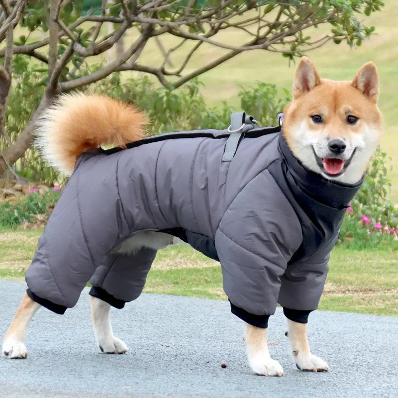 Winter Puppy Cotton Coat Four Legged Down Thick Cotton Jacket Warmth Shiba Inu Teddy Medium Dogs with Traction Rope Pet Clothing