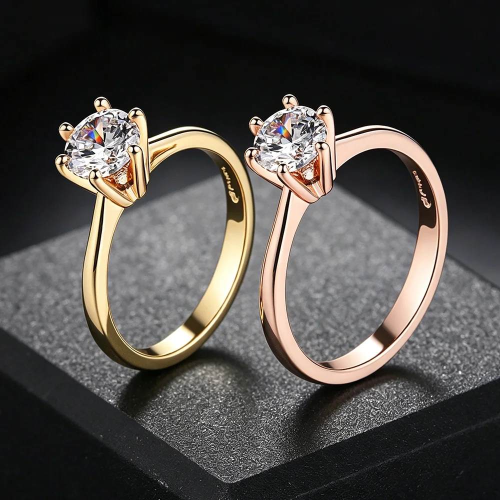 ZHOUYANG obrączki dla kobiet klasyczne na zawsze idealne Cut 1 Carat cyrkon różowe złoto kolor 6 pazury prezent hurtownie biżuteria R013