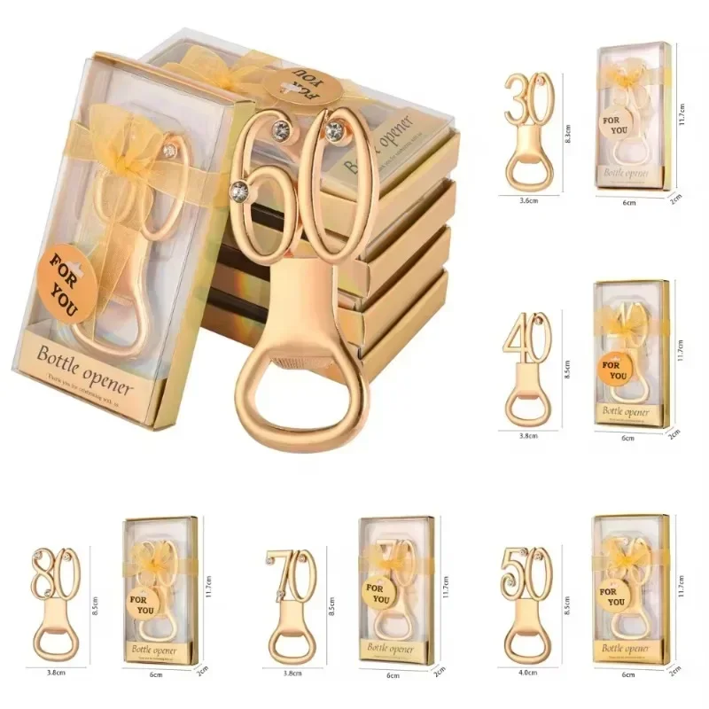30 번째 40 번째 50 번째 60 번째 70 번째 80 번째 생일 파티 결혼 기념일 장식 호의 선물 손님을위한 황금 생일 병따개