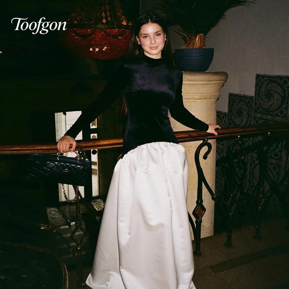 

Toofgon High Neck Black White Evening Dresses Velvet Satin Long Sleeve Special Occasion Gown Women Formal Party Dress Customized