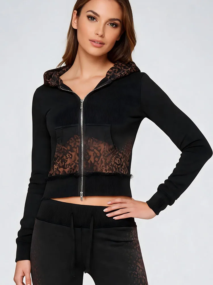 Fashionable sweet and cool style solid color gradient leopard print sports zipper hooded casual hoodie top, comfortable