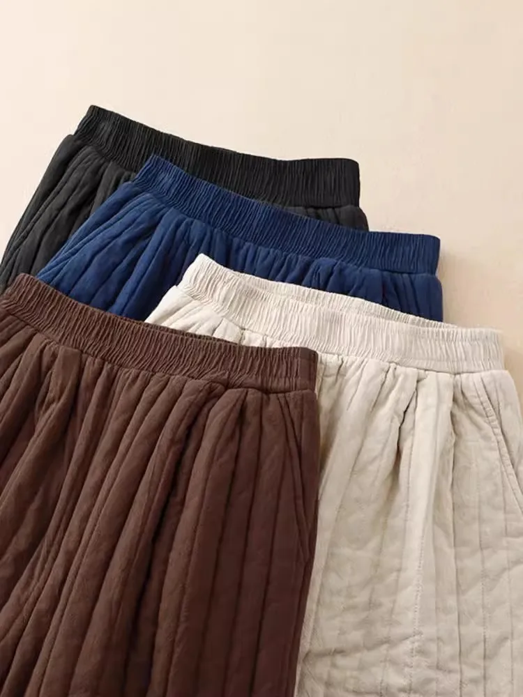 Calça feminina acolchoada de algodão monocromático, calça harém acolchoada, calça térmica grossa e quente, perna larga, minimalista, mamãe, novo, inverno, 2024