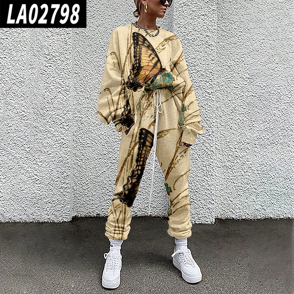 2 Piece Sets Women Tracksuit Long Sleeve Pullover And Jogger Pants Spring Autumn Butterfly Print Sports Suit Outfit